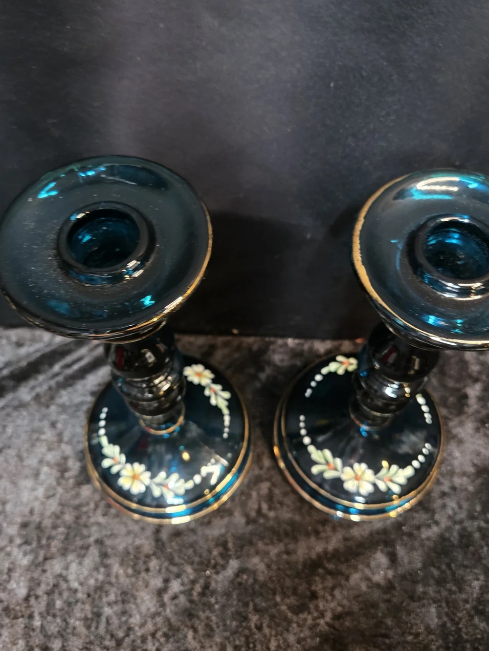 Tiffin Glass Candlestick Holders Peacock Jasper Blue Hand Painted Made In USA